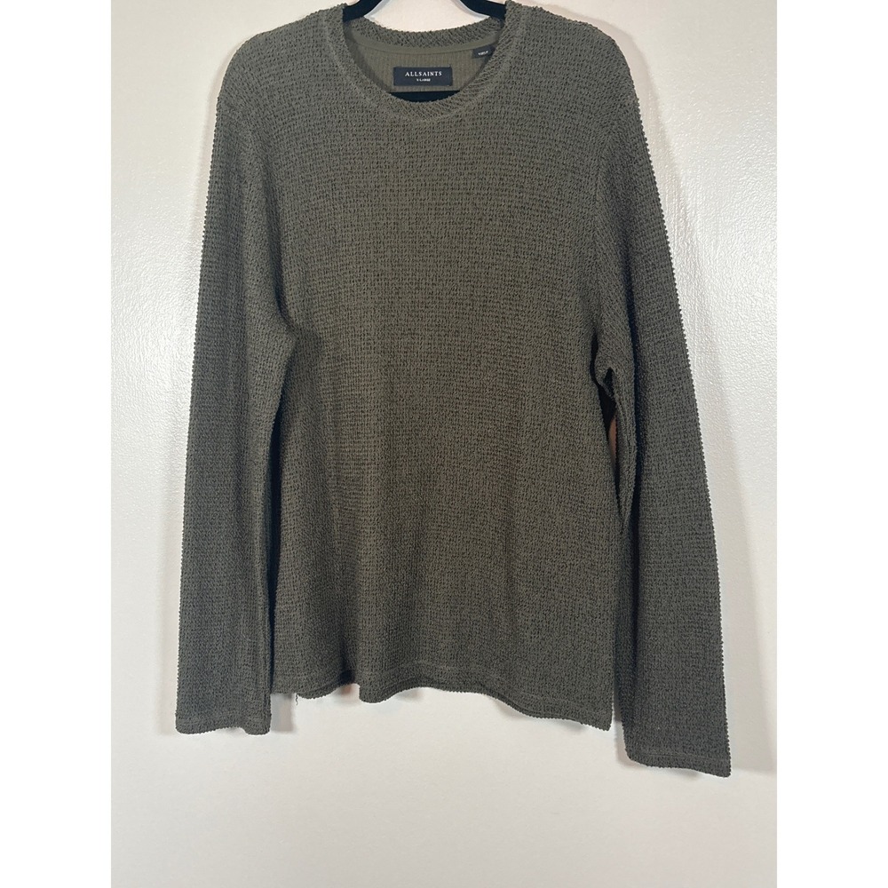 AllSaints Long Sleeve Crew Olive Green Textured Knit Sweater Mens XL MD506Z - Picture 1 of 6